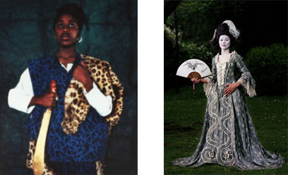 Left: Maud Sulter, Melpomene (Abiola Agana), Zabat (1989); Right:  Chan-Hyo Bae, Existing in Costume 5 (2007) 