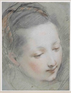 Federico Barocci (1533-1612) Head of the Virgin Mary Black, white and red chalk with pink and orange-peach pastel on blue paper, made up in  all four corners, laid down 29.9 x 23 cm Frame: 58.1 x 41 x 2.9 cm The Royal Collection, 5231, The Royal Collectio